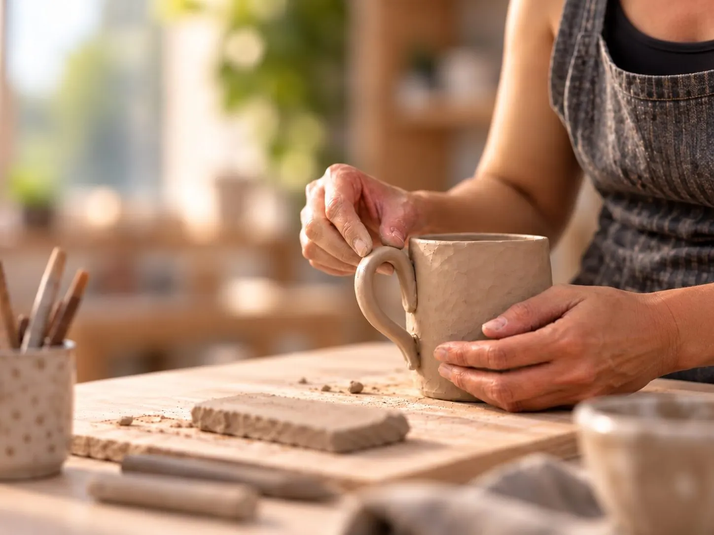A potter pressing a handle onto a handmade clay mug at a sunny studio workbench