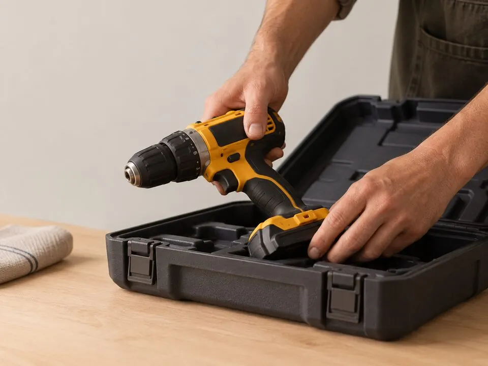 Hands packing a cordless drill into its carrying case